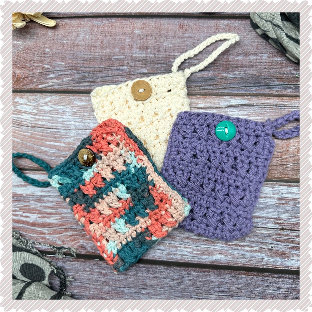 Set of 3 Handmade Small Cotton Crochet Hanging Button Pouches New